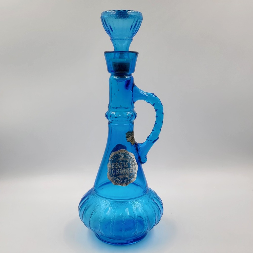Jim Beam's Genie Bottle Choice Whisky Decanter With Label Vintage Blue Glass